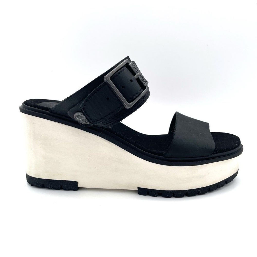 Timberland Women's Black Leather Platform Wedge Slide Sandals Size 5.5 US